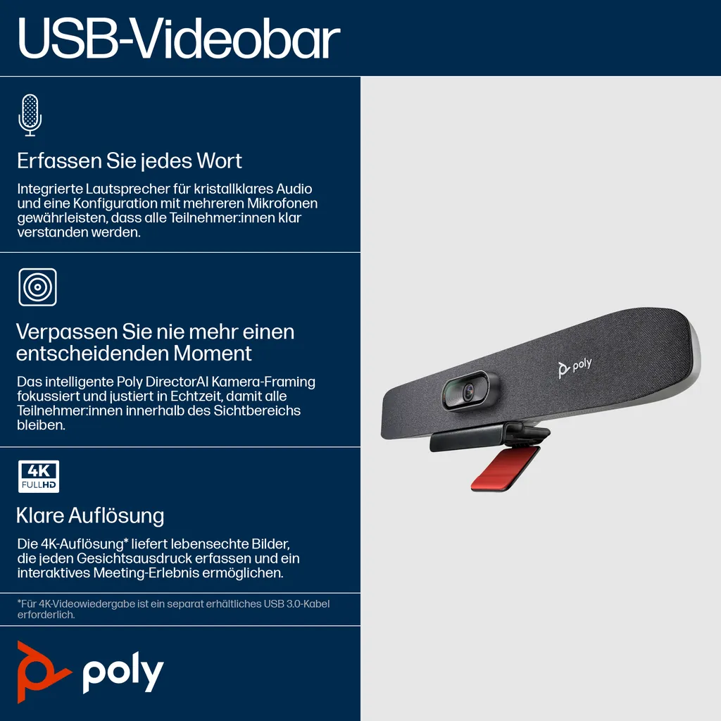 HP Poly Studio R30 | USB Videobar | 4K - Ansicht 3